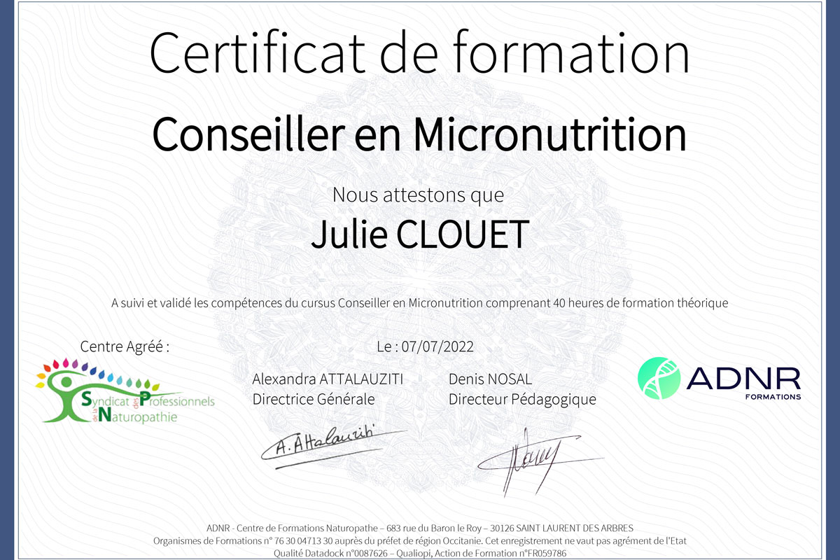 naturopathie les andelys julie clouet micronutrition certificat